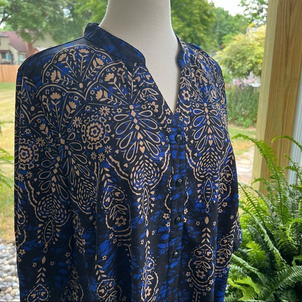 Catherine’s Blue Black Tan 3/4 Sleeve Print Top size OX
